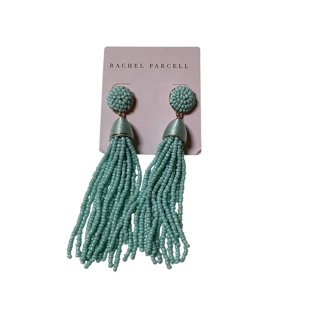 Rachel Parcell Green Seed Bead Fringe Tassel Dangle Beaded Earrings Boho F10-49